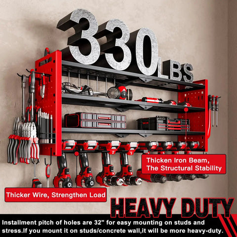 Power Tool Organizer Wall Mount For Workshop And Garage, 4 Layer Cordless Drill Organizer Rack With 3 Fixed And 1 Adjustable Layer, Large Capacity Tool Storage Holds Up To 8 Drills Red, mounted on wall with tools.