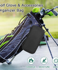 Portable Golf Accessories Organizer Bag With 18 Ball Capacity Glove Holder Case attached to a golf bag on a course.