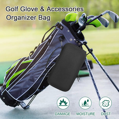 Portable Golf Accessories Organizer Bag With 18 Ball Capacity Glove Holder Case attached to a golf bag on a course.