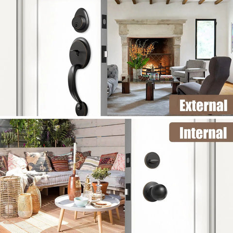 Double Door Lock Set With Handles And Dummy Front Door Handle, Black Traditional Exterior Door Hardware, Easy Install
