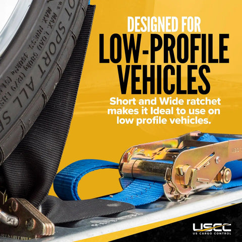 Close-up of Heavy Duty E Track Wheel Straps 2 Inch By 11 Foot with blue strap and ratchet for low-profile vehicles.