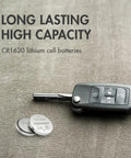 Top Tier CR1620 3V Lithium Coin Cell Batteries Five Pack with car key and two CR1620 batteries on a soft surface.