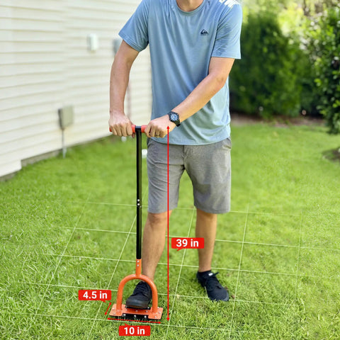 Person using 39 Inch Lawn Aerator With 15 Industrial Grade No 45 Steel Spikes, Manual Tool for Lawns and Gardens on grass