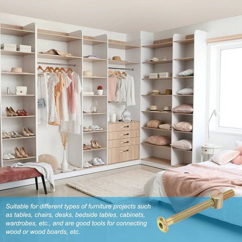 Beefy M6 X 65mm Bunk Bed Bolts Kit with furniture examples in bedroom setting, showing screws and zinc finish.