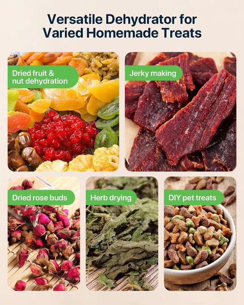 Dry Down Your Garden Harvest In Style With This Top Shelf 18 Tray Food Dehydrator Featuring 800 Watt Dual Fans For Lightning Fast Jerky Beef And Herb Prepping, showcasing dried fruit, jerky, herbs, and pet treats.