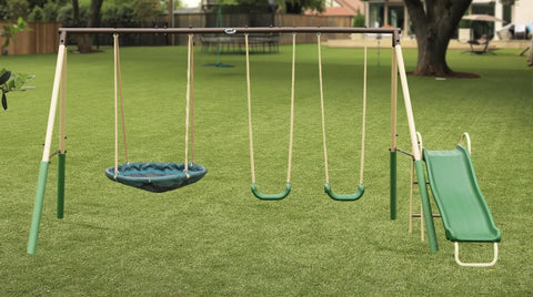 Backyard Swing Set With Multiple Play Stations For Up To Five Kids, Easy Assembly Metal Frame Playground With Slide