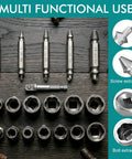 Beast 19 Piece Bolt And Screw Extractor Set For Rusted Stripped Frozen Broken Screws Bolts Nuts DIY Auto Repair And Home Improvement All In One Tool Kit For Quick Pullouts Great Gift For Men Dad Husbands, showing drill bits and extractor sockets on wood surface.