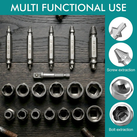 Beast 19 Piece Bolt And Screw Extractor Set For Rusted Stripped Frozen Broken Screws Bolts Nuts DIY Auto Repair And Home Improvement All In One Tool Kit For Quick Pullouts Great Gift For Men Dad Husbands, showing drill bits and extractor sockets on wood surface.