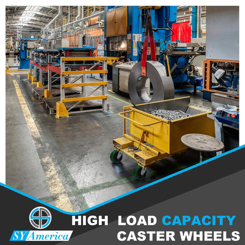 Industrial setting with Heavy Duty Industrial Caster Wheels 8 By 2 Inches Green Polyurethane on a yellow tool cart.