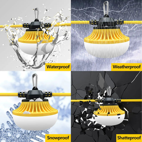 10 Head LED Temporary Construction Lights Beast Bright 100W Total 10000 Lumens, waterproof, weatherproof, snowproof, shatterproof features.