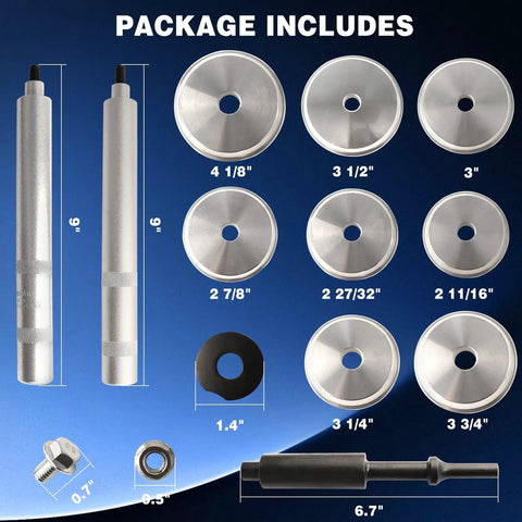 Diagram showing Heavy Duty Pinion Bearing Race Driver Set For Trucks 2 11/16 Inch To 4 1/8 Inch Front And Rear Axle components