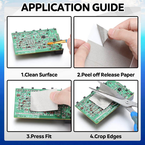 Application guide for using Copper Fabric Strips With Conductive Adhesive, 200 Pcs Pack on circuit boards for EMI shielding.