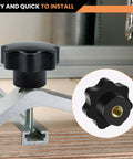Front view of black M8 knurled thread-clamping knob on metal fence; circular inset shows the 7-lobed star knob.