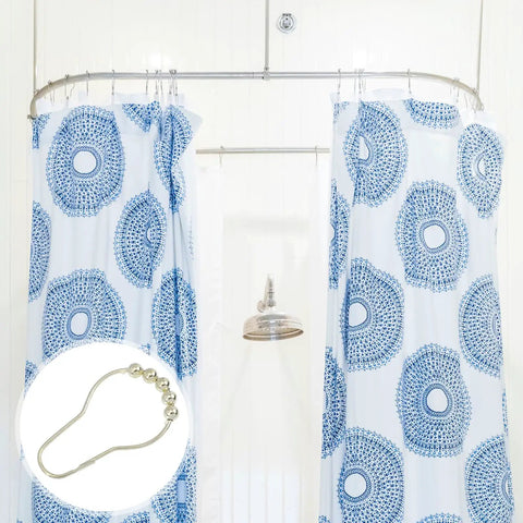 Image of a bathroom with blue patterned shower curtains and inset showing 15 Piece Shower Curtain Hooks With Beads Iron Gold Finish Smooth Glide Roller Rings For Easy Bathroom Curtain Hanging Durable Rust Resistant Drape Hardware For Home Use.