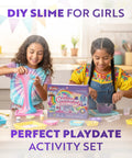 Two girls experimenting with Unicorn Slime And Crystals Science Kit For Kids Ages 8 To 12, Over 100 Cool Experiments.