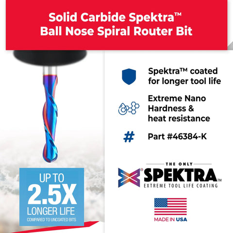 Solid Carbide Up Cut Ball Nose Router Bit For Wood Plastic MDF Foam Pro Grade Spektra Extreme Tool Life Coated One Half Inch Dia Two And One Eighth Inch CNC Carving Bit For Detailed Precision And Smooth Finish shown with blue Spektra coating, text highlighting durability and originating from the USA.