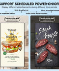 Ready To Roll 55 Inch 4K Digital Menu Board Wall Mount Commercial Signage Display showing breakfast and dinner ads.
