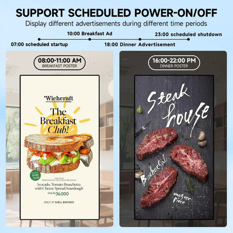 Ready To Roll 55 Inch 4K Digital Menu Board Wall Mount Commercial Signage Display showing breakfast and dinner ads.