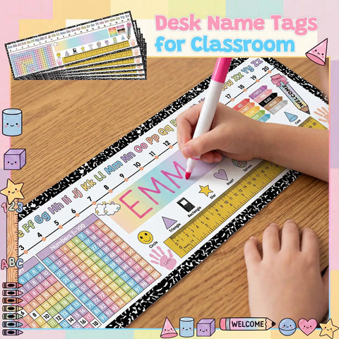 Child writing name on 60 Pcs Classroom Desk Name Tags Set With Alphabet Number Line 100 Chart Addition And Ruler For 1st Through 3rd Grade Kindergarten And Preschool Easy Desk Organization And Student Identification Must Haves