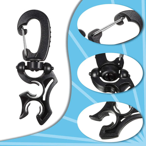Close-up of one Three Pack Scuba Dive Hose Clips With Snap Hook Buckles For Snorkeling And Gear Setup Heavy Duty 304 Stainless Steel Arm Holds Up To Two Hoses Black