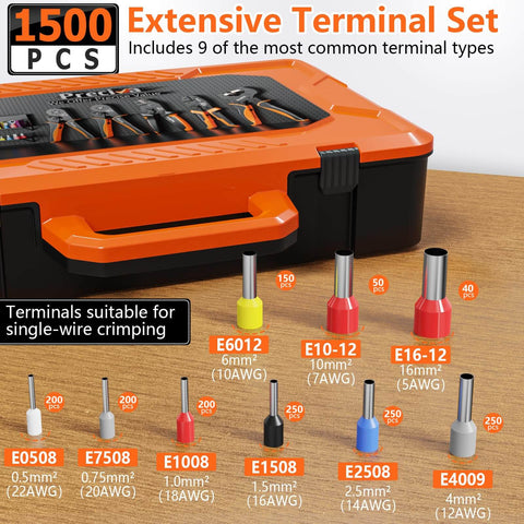 Ferrule Crimping Tool Kit With 1500 Wire Connectors, Adjustable Ratcheting Hex Crimpers For AWG 28 To 5, Portable Carry Case