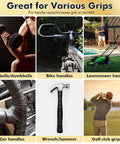 Collage of self-fusing silicone tape used on various grips: dumbbells, bike, lawnmower, car, hammer, and golf club handle.