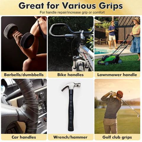 Collage of self-fusing silicone tape used on various grips: dumbbells, bike, lawnmower, car, hammer, and golf club handle.