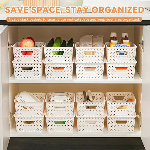 Ten Pack Small Plastic Storage Bins With Lids Stackable Baskets With Handles For Easy Carry Awesome For Pantry Craft Room Office Or Garage Organization Includes Label Cards For Quick Sorting And Clear View shown in cabinetry use