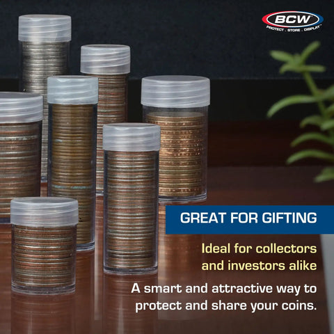 Coin Storage Tubes For 40 Quarters, Archival Quality Plastic Holders With Screw On Caps, 100 Pack on display.