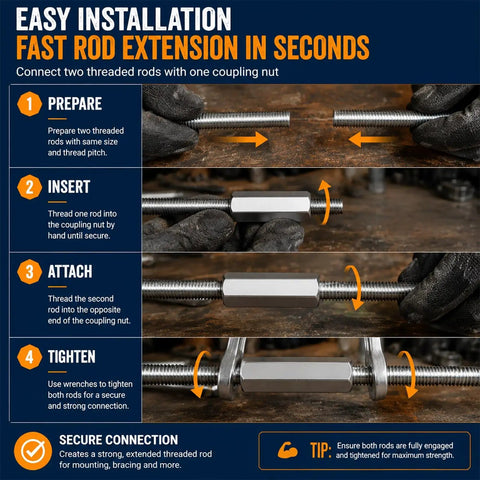 Installation steps for Eight Piece 3/8 Inch Hex Coupling Nuts For Threaded Rods Heavy Duty Carbon Steel Construction.