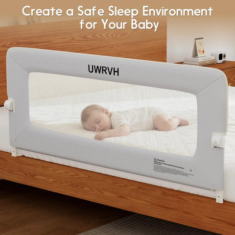 Folding Bed Rail Guard For Toddlers With No Drill U Shape To T Base Upgrade Safe Universal Fit For Twin Full Queen King And Bunk Beds 75 Inch Long By 28 Inch High Grey, shown on a bed with a sleeping toddler.