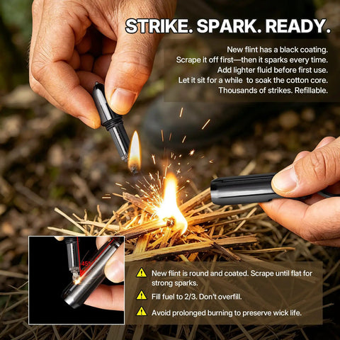 Two Pack Bullet Permanent Match Lighter With Bottle Opener, Glass Breaker, And Keychain being used to light kindling outdoors.