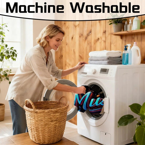 Woman placing Stretchy Spandex 88 Keys Piano Keyboard Dust Cover in washing machine, highlighting machine washable feature.