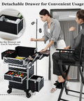 Rolling Makeup Case With Drawers For Tattoos And Nail Techs On The Go Tattoo Travel Cart Cosmetology Barber Tools Organizer Portable Suitcase With Detachable Top Case And Customizable Middle Tray Two Spacious Drawers shown in a salon setting with a professional using beauty tools.
