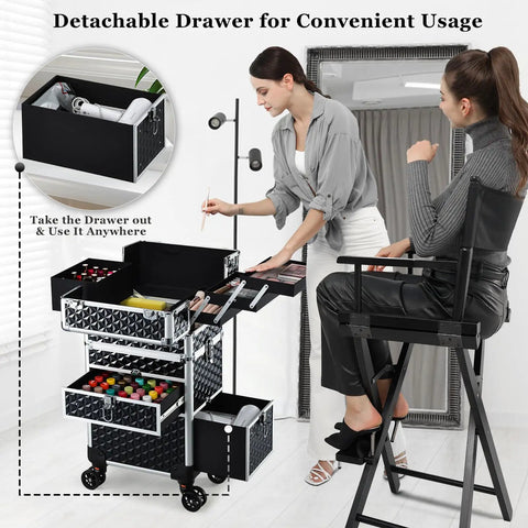 Rolling Makeup Case With Drawers For Tattoos And Nail Techs On The Go Tattoo Travel Cart Cosmetology Barber Tools Organizer Portable Suitcase With Detachable Top Case And Customizable Middle Tray Two Spacious Drawers shown in a salon setting with a professional using beauty tools.