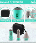 Pro Grade Heavy Duty Diamond Core Drill Bits and Chamfer Bit Set for Porcelain Tile Ceramic Marble Brick Concrete Three Piece Includes 20mm and 35mm Bits for Dry or Wet Drilling Five Eighths Eleven Thread, featuring various drill bits and carrying case.