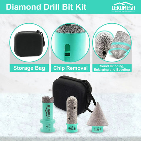 Pro Grade Heavy Duty Diamond Core Drill Bits and Chamfer Bit Set for Porcelain Tile Ceramic Marble Brick Concrete Three Piece Includes 20mm and 35mm Bits for Dry or Wet Drilling Five Eighths Eleven Thread, featuring various drill bits and carrying case.