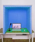 Desktop Soundproof Vocal Booth Portable Acoustic Foam Cube Shield Noise Isolating Mic Windscreen Pro Rig Streamer setup with laptop and microphone.