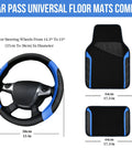 Car Pass Universal Floor Mats Combo with Air Mesh Leather Car Seat Cover Full Set With Waterproof Floor Mats And Sporty Steering Wheel Cover 14.5 To 15In Universal Fit For 95 Percent Of Cars Trucks And SUVs Black And Blue, including blue and black steering wheel cover and floor mats dimensions