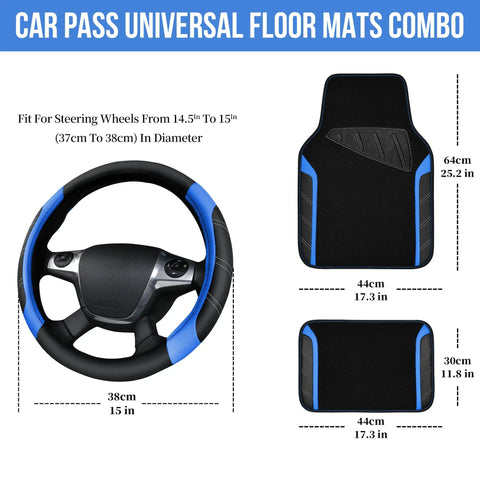 Car Pass Universal Floor Mats Combo with Air Mesh Leather Car Seat Cover Full Set With Waterproof Floor Mats And Sporty Steering Wheel Cover 14.5 To 15In Universal Fit For 95 Percent Of Cars Trucks And SUVs Black And Blue, including blue and black steering wheel cover and floor mats dimensions