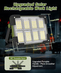 Front view of Go-To Solar Rechargeable Work Light With Stand, 120W Flood Light, 144 LED, 10000 Lumens, featuring its dimensions and rotatable stand.