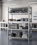 Built Tough 304 Stainless Steel Shelf For Pantry Kitchen Garage Storage Rack With Slick Brushed Silver Surface And No Sweat Setup Commercial Grade Metal Shelving Unit 27.6 X 19.7 X 70.9 Inches, filled with storage boxes and gear.