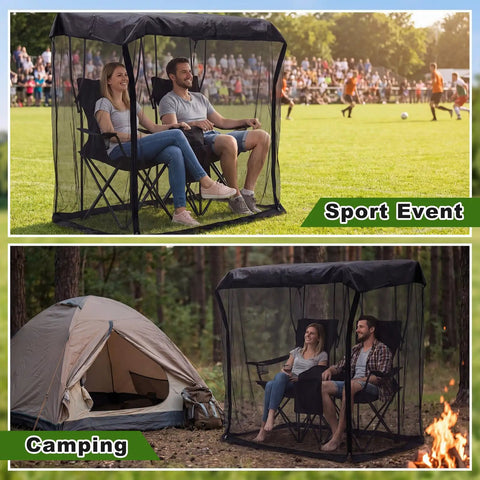 Double Sun Lounger Mosquito Net With Zipper Roof For Canopy Chairs in use at a sports event and camping site