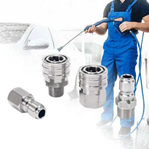 Eight-piece 3/8-inch stainless steel pressure-washer quick-connect adapter set with male and female NPT threads