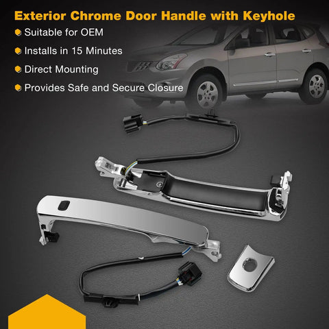 Exterior Chrome Door Handle Front Left Driver Side With Keyhole For Nissan Rogue 2010-2013, shown with wiring and components