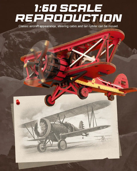3D Wooden Puzzle For Grownups Gravity Swing Model Kit 163 Piece Set Recreating A Classic Biplane Gladiator model with sketch