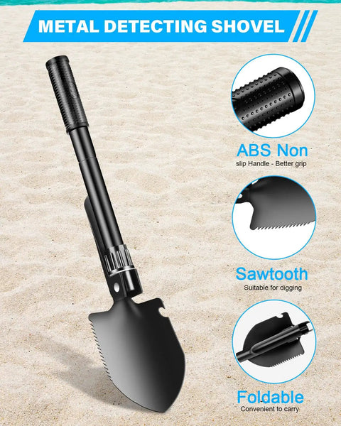 Stainless Steel Metal Detecting Shovel Kit with foldable beach sand scoop and finds bag for treasure hunting, sand sifting, durable, easy carry