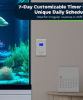 Smart Dope 7 Day Astronomic Timer Switch for lights, shown on wall near aquarium with calendar, white color