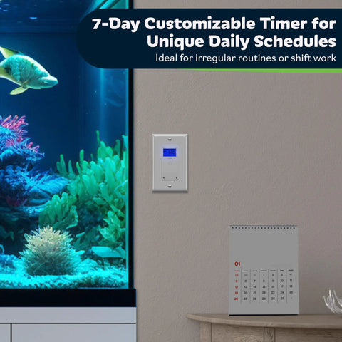 Smart Dope 7 Day Astronomic Timer Switch for lights, shown on wall near aquarium with calendar, white color