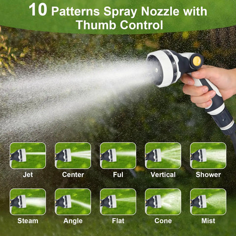 10-pattern sprayer from Workhorse Retractable Garden Hose Reel With 60 Ft 1/2 Inch Hose, shown with thumb control and settings.